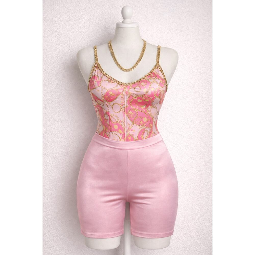 NWT Sugar Thrillz Pink Chain Bodysuit & Shorts Set Large